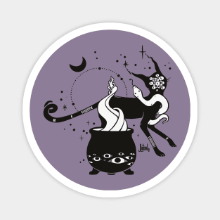 Black Cat Witch With Cauldron, Gothic Art Magnet